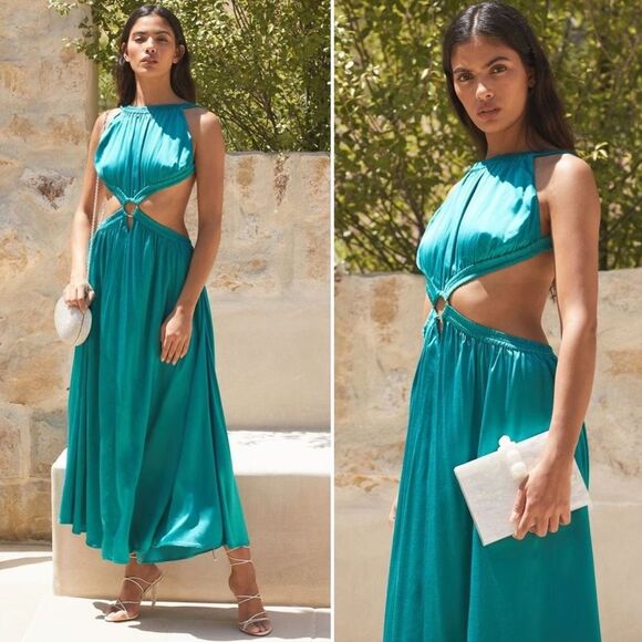 NWT Cult Gaia Theia Dress Maxi Cut Out High Neck Azure Teal/Blue Satin Size XS